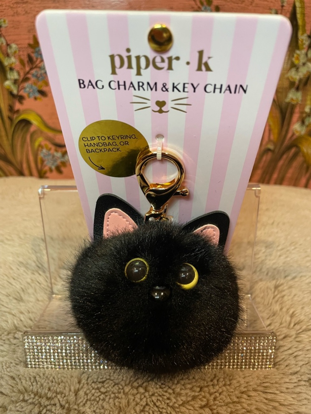 Piper Black Faux Fur Cat Pom Pom Bag Charm/Keychain